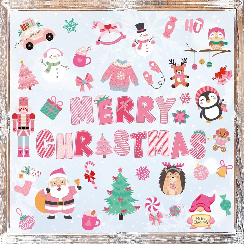 Whaline 9 Sheets Merry Christmas Window Cling Stickers Pink Cartoon Santa Snowman Penguin Reusable Window Decals for Xmas Winter Party Home Office Classroom Decoration - Image 1